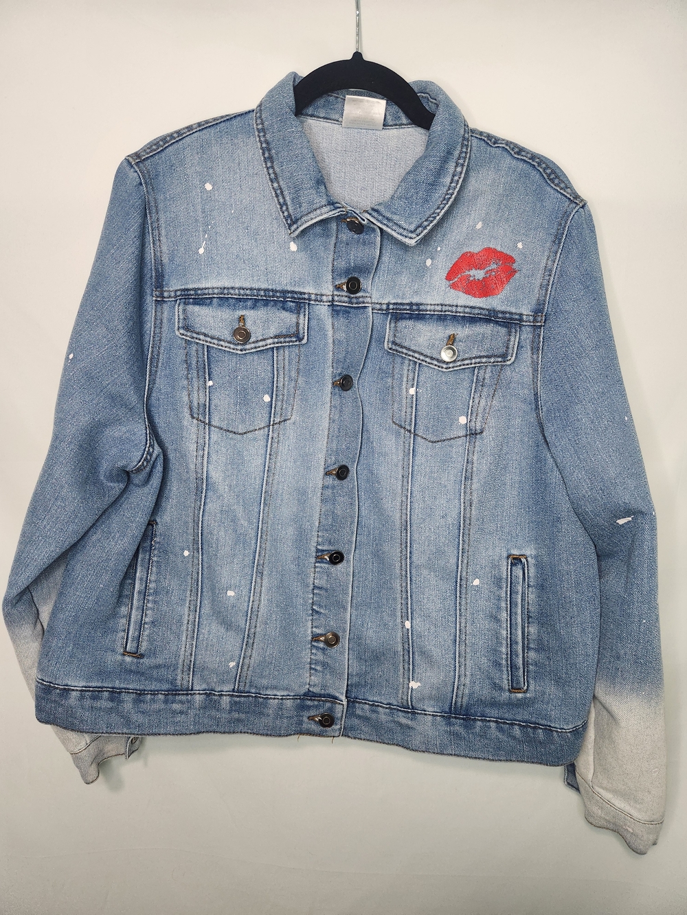 Love Tribe 1X Denim Jacket Sorry Not Sorry Graphic Plus Size Boho Paint Splatter